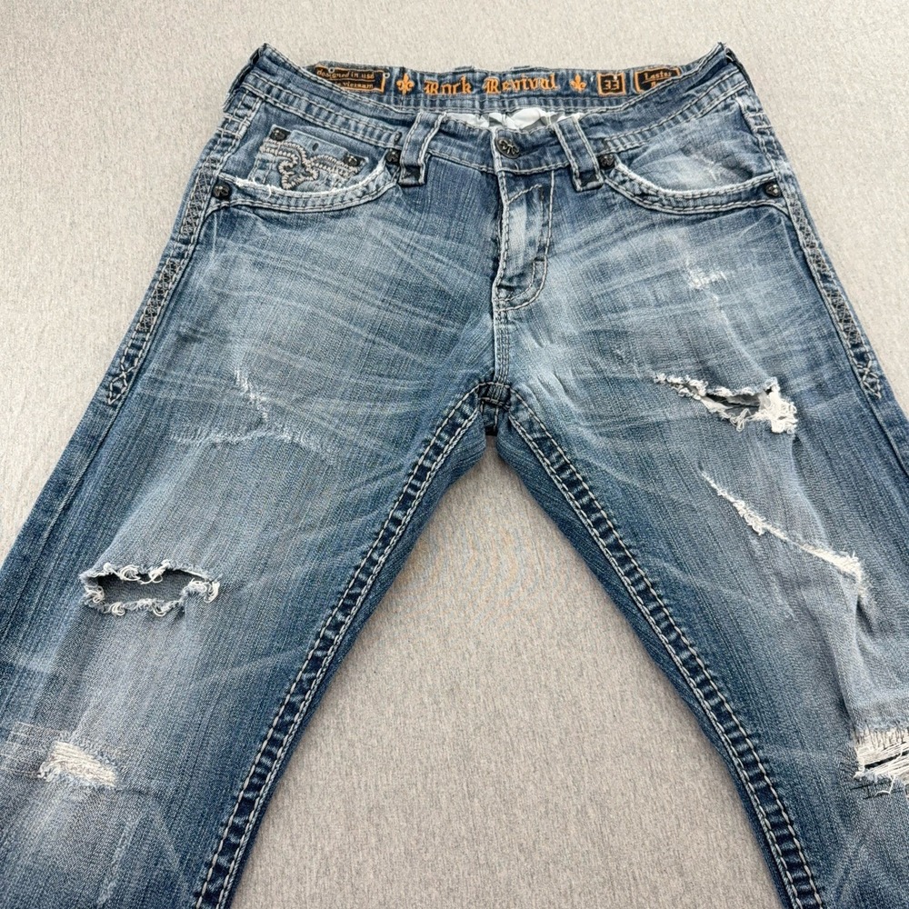 Rock Revival Laster Mens Sz 33 Distressed Embroidered Denim Boot Cut Jeans #1018